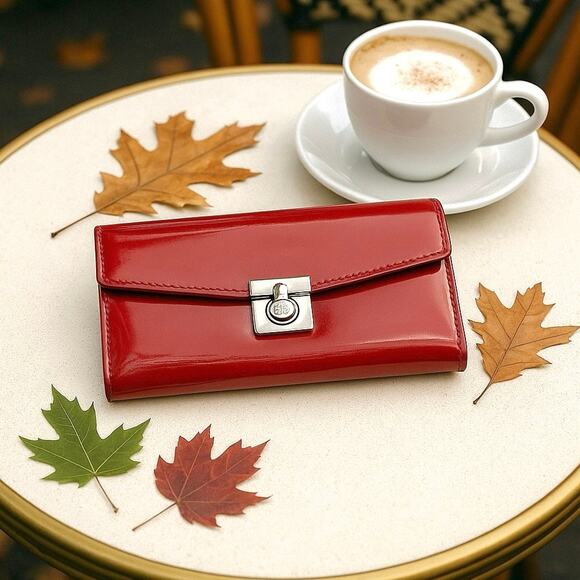 Vintage Ralph Lauren Red Patent Leather Turnlock Wallet | Classic Preppy Clutch - Picture 2 of 11